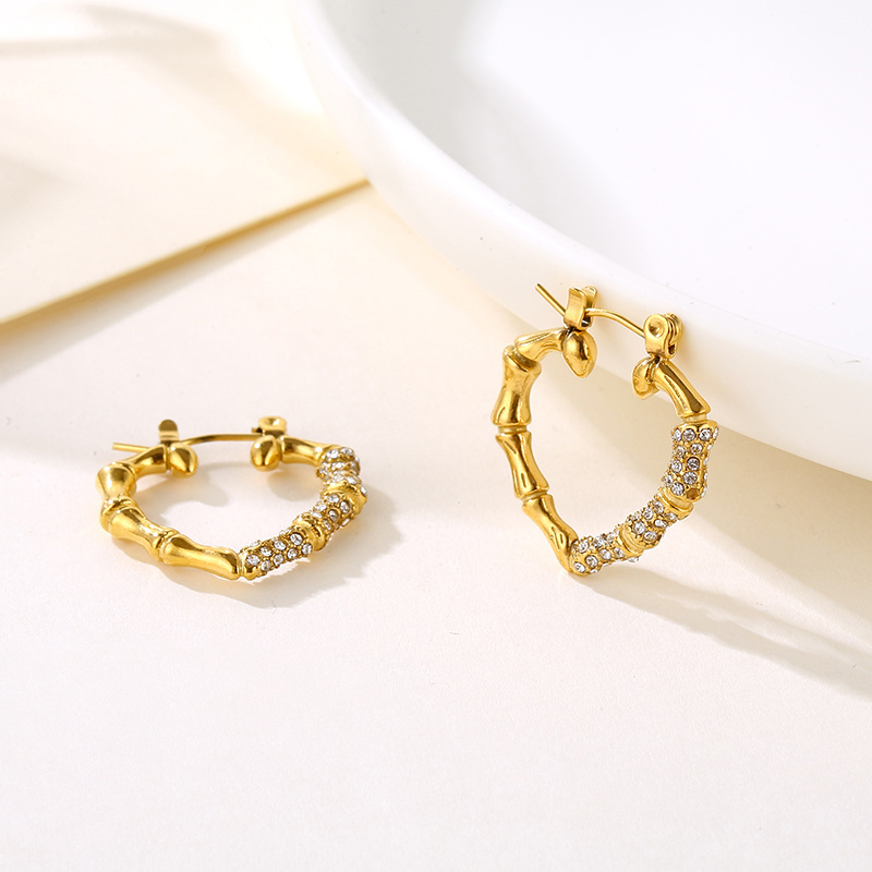 Fashion Custom Personalized Stainless Steel Jewelry 18K Gold Plated Clear Zircon Small Heart Bamboo Hoop Earrings For Women