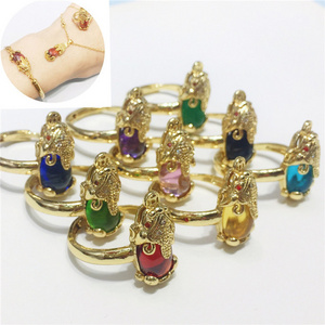 Vintage Gold Plated Adjustable Multicolor Jade Stone Lucky Feng Shui Pixiu Mantra Wealth and Protection Ring