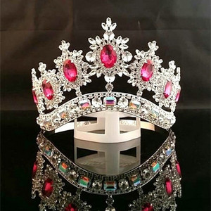 Manual Customization Full Round Big Shiny Beauty Queen Rhinestone Metal Silver Pink AB Pageant Contest Crown and Tiara