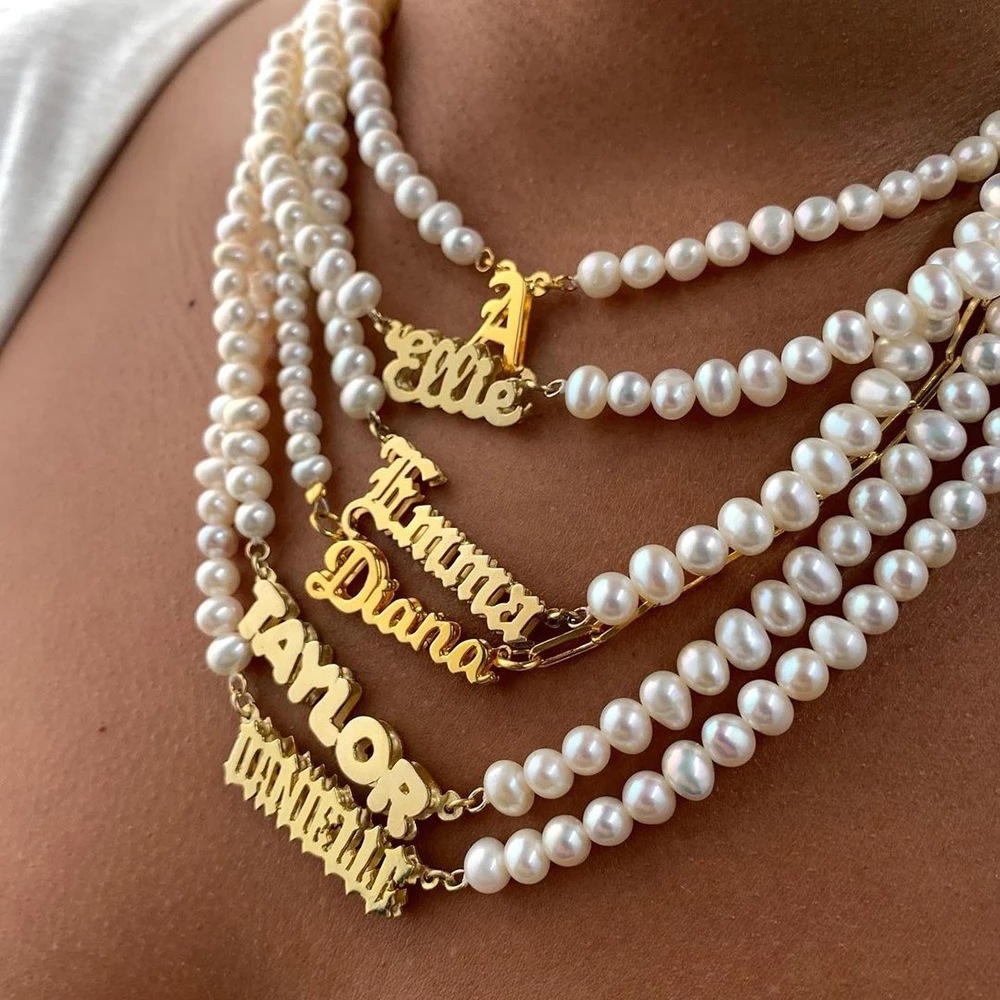 Elegant Baroque Freshwater Pearl Choker Necklace 18K Gold Stainless Steel Custom Name Initial personalised Pendant Necklaces