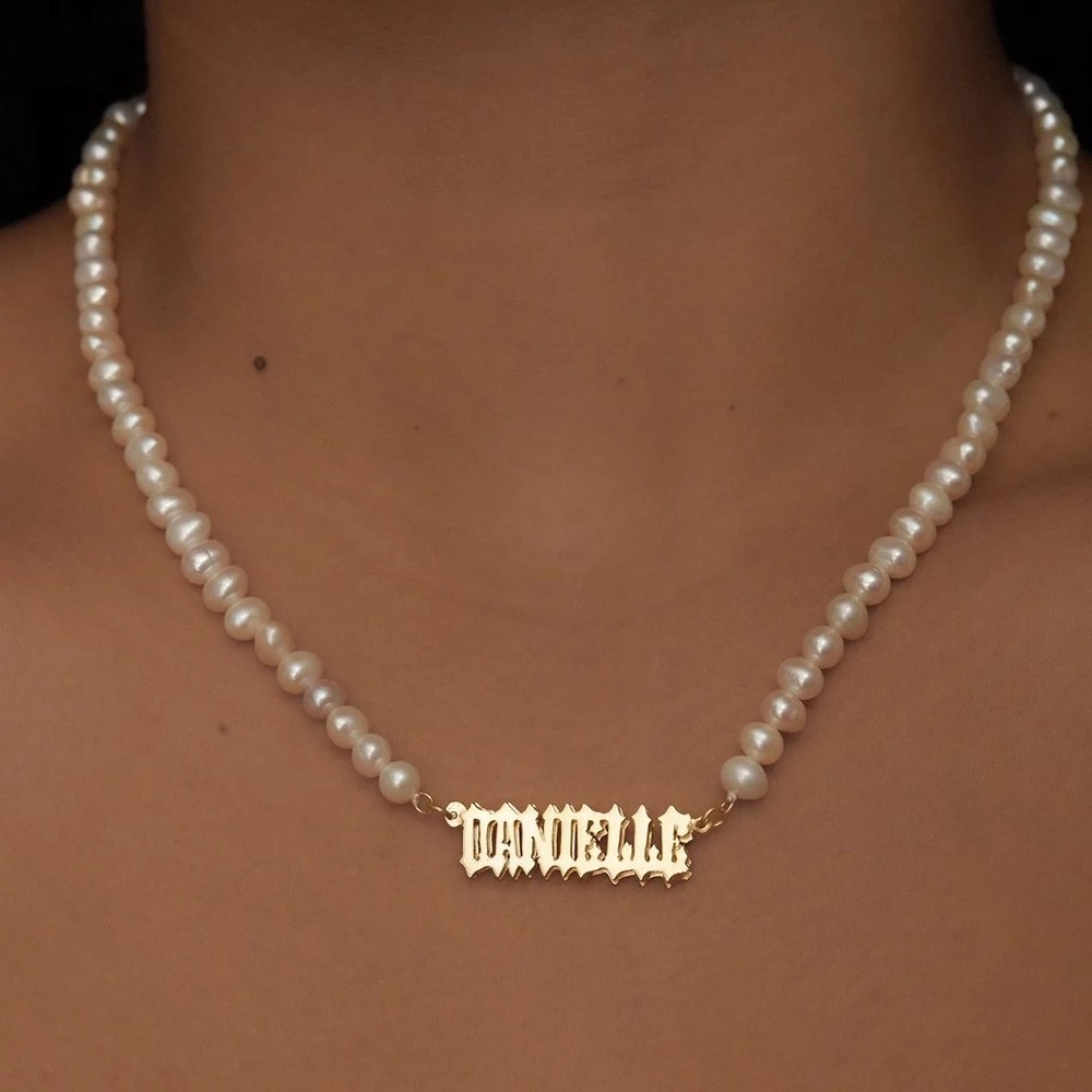 Elegant Baroque Freshwater Pearl Choker Necklace 18K Gold Stainless Steel Custom Name Initial personalised Pendant Necklaces