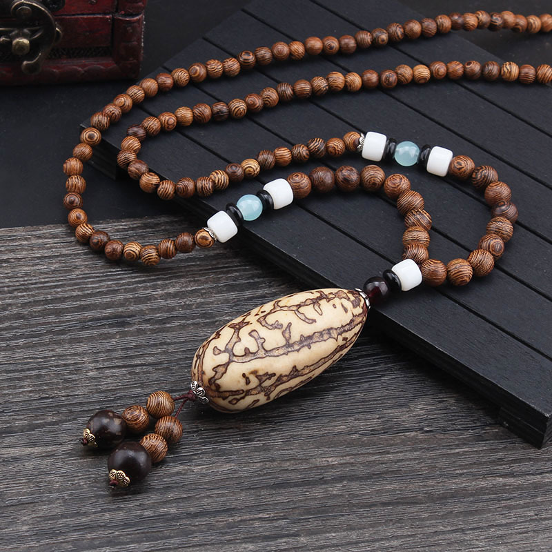 Wholesale Boho Jewelry Men Vintage Nepal Necklace Religion Tribal Wood Beads Jewelry Handmade Long Boho Beaded Necklace Women