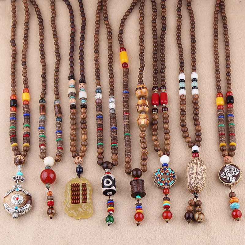 Wholesale Boho Jewelry Men Vintage Nepal Necklace Religion Tribal Wood Beads Jewelry Handmade Long Boho Beaded Necklace Women