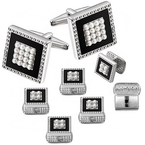 Hot Sale Brass Silver Plated White Pearl Cufflinks and Studs Tuxedo Set Fashion Gift Jewelry for Men