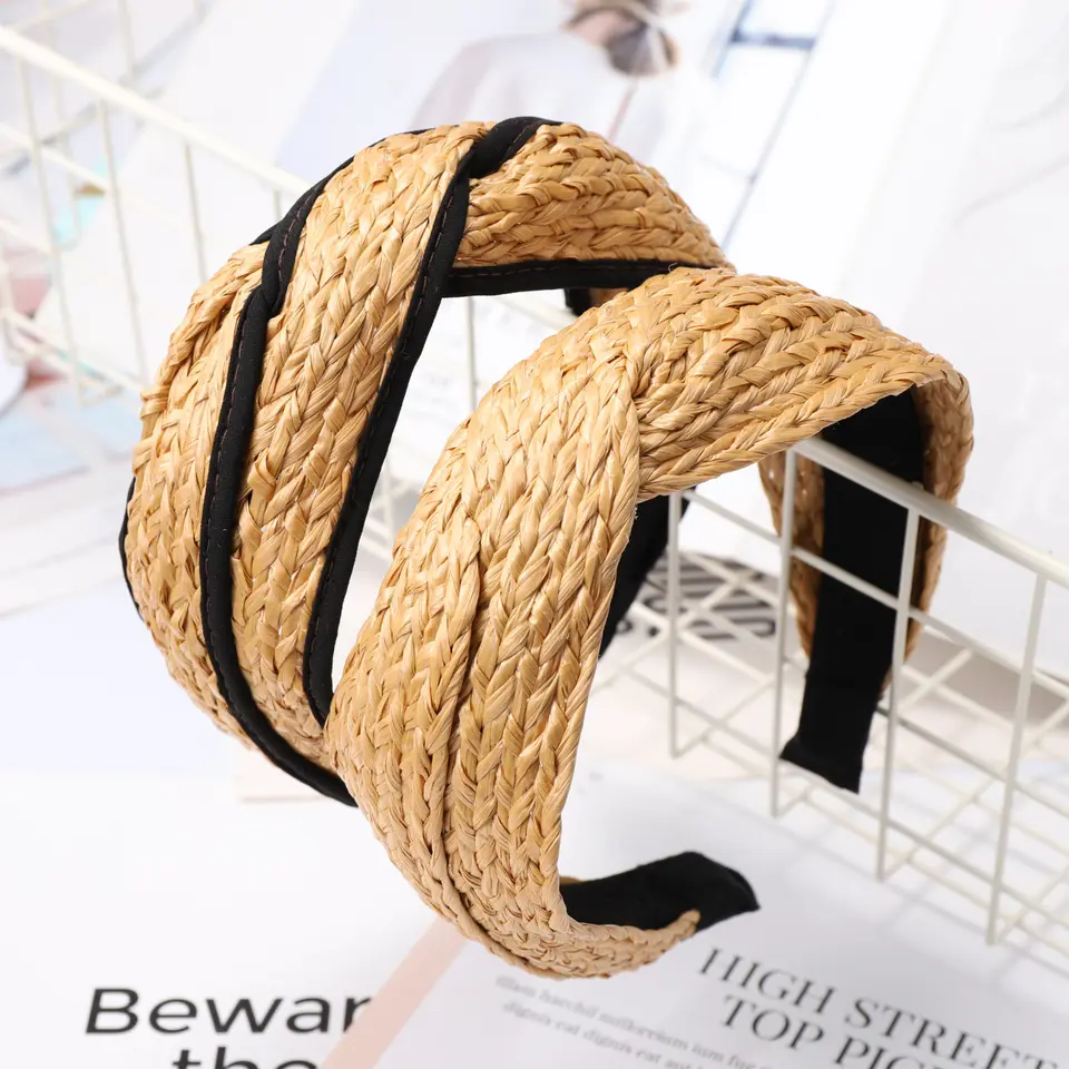 Korean fashionable straw woven hair hoop headgear Simple wide-brimmed hemminged fresh raffia face wash headband