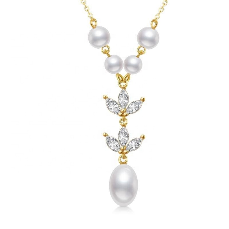 Bridal Personalised Solid Yellow Gold Floral 9k Gold Pendant Freshwater Pearl Chain Necklace