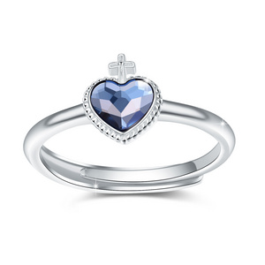 Valentine'S Day Gift Engagement 925 Sterling Silver Cross Faith Hope Love Crystal Heart Adjustable Open Ring