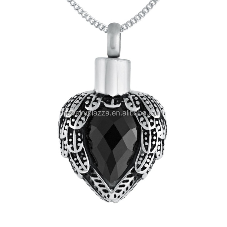 Cremation Ashes Locket, Personalised Jewellery, Wing Heart with Black Cubic Zirconia 925 Sterling Silver Jewelry