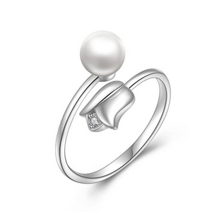 925 Sterling Silver Wedding Rings Freshwater Cultured Pearl Rose Flower Adjustable Wrap Open Ring For Women