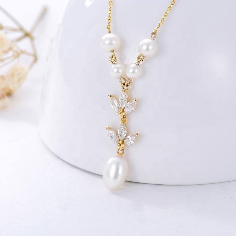 Bridal Personalised Solid Yellow Gold Floral 9k Gold Pendant Freshwater Pearl Chain Necklace