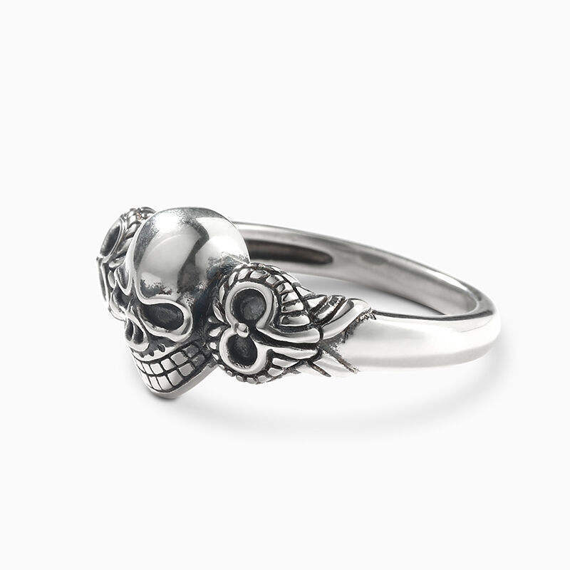 Motorcycle Biker Skeleton Finger Band Heavy Punk 925 Sterling Silver Skull Wings Band Rings