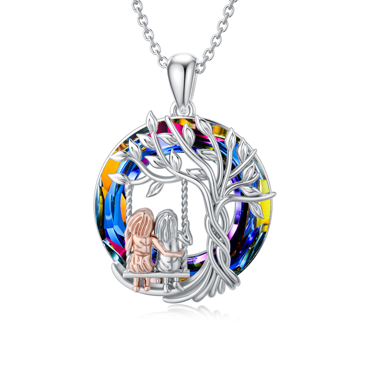 925 Sterling Silver Tree of Life Sister on Swing Necklace Circle Crystal Best Sister Jewelry Gifts for Women Girls Daughter