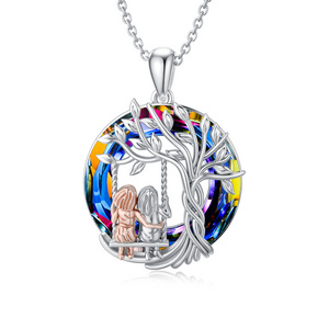 925 Sterling Silver Tree of Life Sister on Swing Necklace Circle Crystal Best Sister Jewelry Gifts for Women Girls Daughter