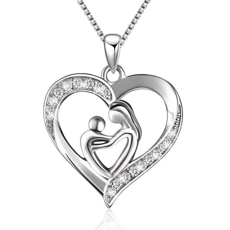 Hot Sale Jewelry Gift Women Mom 925 Sterling Silver Cubic Zircon Necklace Mom Hug Child Heart Necklace