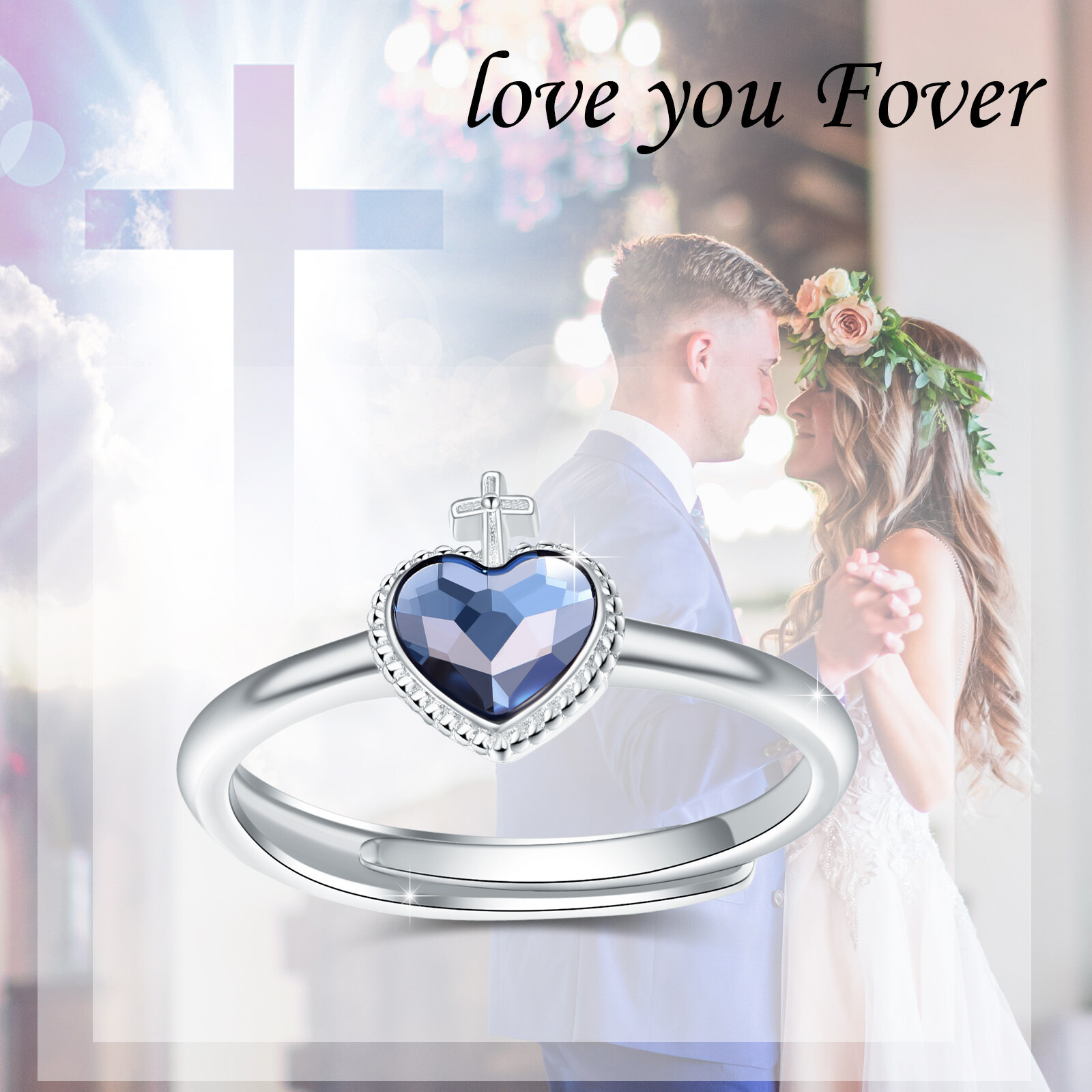 Valentine'S Day Gift Engagement 925 Sterling Silver Cross Faith Hope Love Crystal Heart Adjustable Open Ring