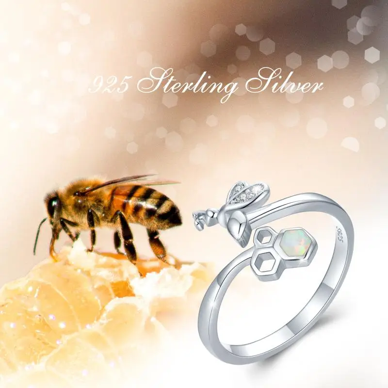 Fashion Animal Jewelry Women Girls 925 Sterling Silver Cubic Zircon Opal Adjustable Ring Honey Bee Open Ring