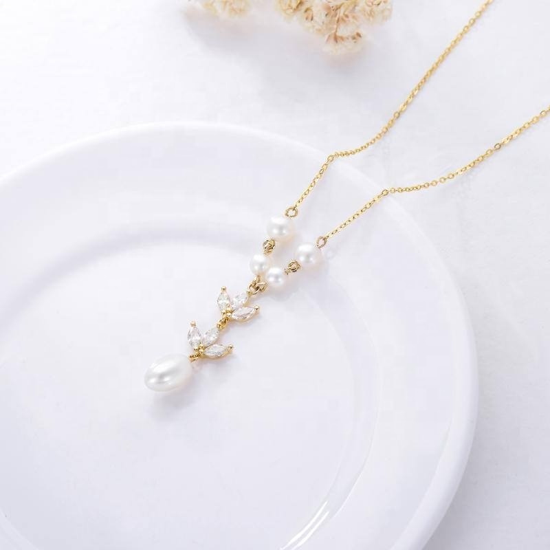 Bridal Personalised Solid Yellow Gold Floral 9k Gold Pendant Freshwater Pearl Chain Necklace