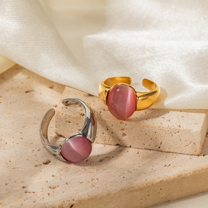 Pink Cat Eye Natural Stone Wide Open Ring 18K PVD Gold Plated Stainless Steel High Quality Stone Jewelry Ring