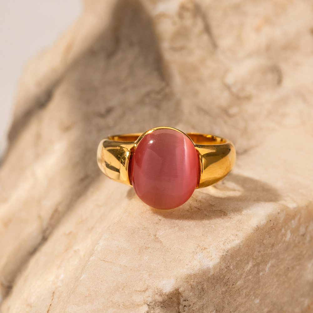 Pink Cat Eye Natural Stone Wide Open Ring 18K PVD Gold Plated Stainless Steel High Quality Stone Jewelry Ring