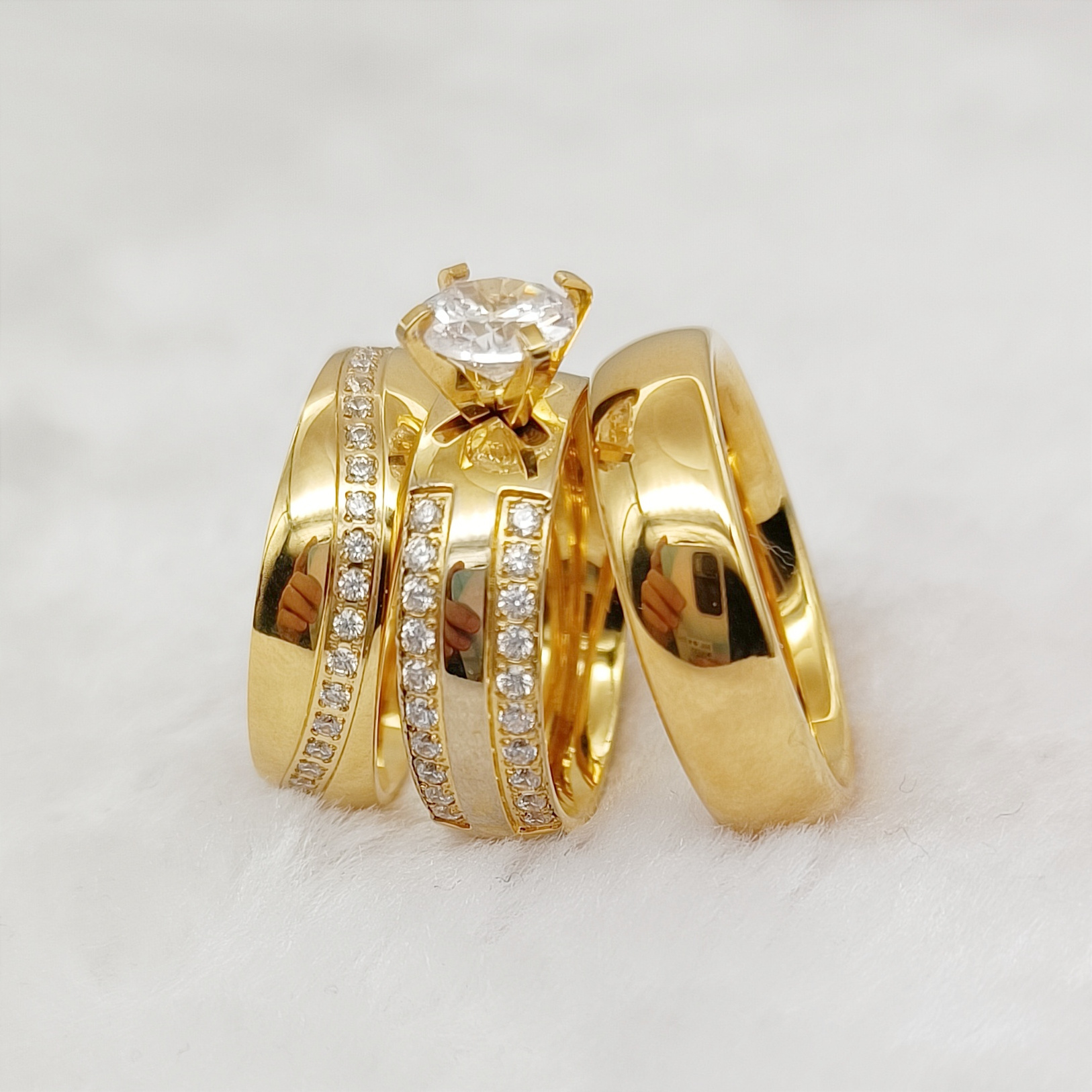 Western 24k Gold Plated Dubai Stainless Steel Jewelry  Cubic Zirconia Diamond Promise Wedding Rings Bridal Sets For Couples