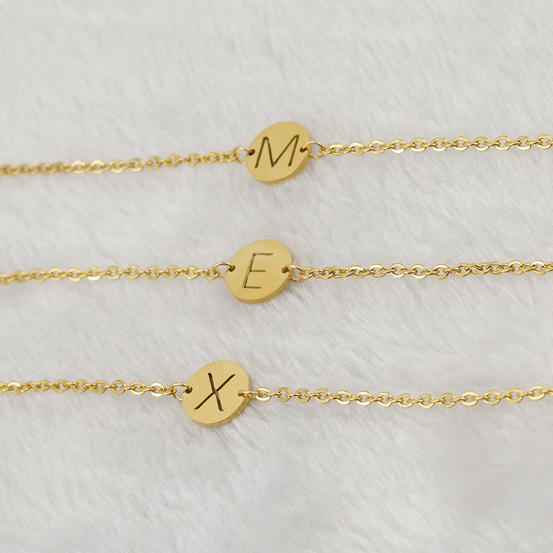 18K Gold Initial Bracelet Gifts Stainless Steel Dainty Coin Name Initial Charm Bracelet Alphabet Letter Pendant for Girls