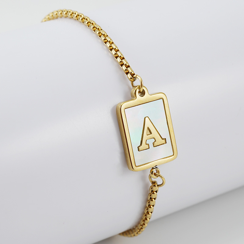 Fashion Adjustable Lock Design Square Pearl Chain Women Charm Hand Made Jewelry Gold Beads Enamel Initial Letter Bracelet