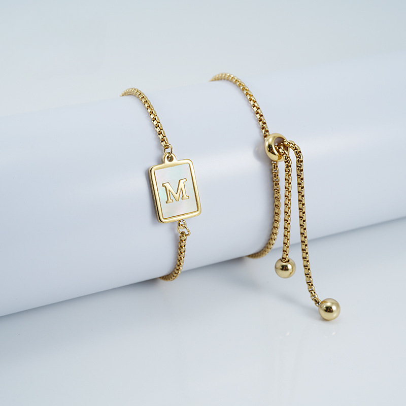 Fashion Adjustable Lock Design Square Pearl Chain Women Charm Hand Made Jewelry Gold Beads Enamel Initial Letter Bracelet