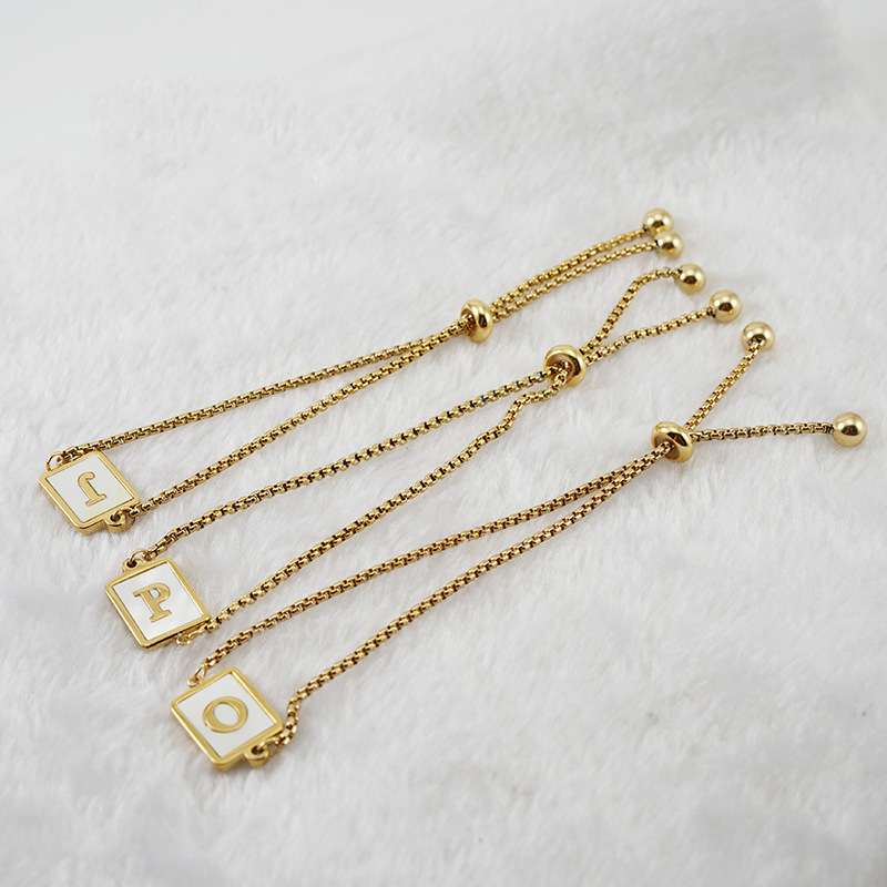 Fashion Adjustable Lock Design Square Pearl Chain Women Charm Hand Made Jewelry Gold Beads Enamel Initial Letter Bracelet