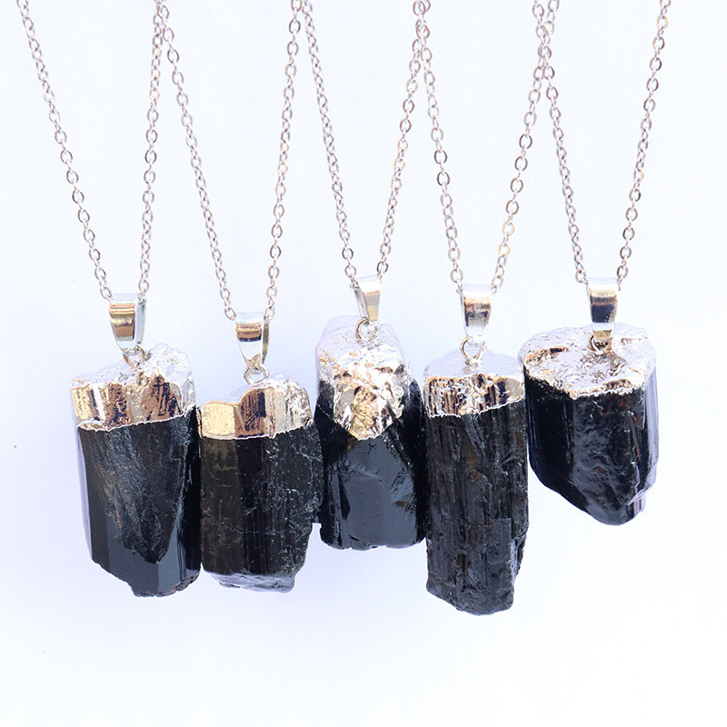 New Gold Silver Dipped irregular Raw healing Black Tourmaline Pendant Necklace Raw Stone Healing Crystal natural chakra Pendant