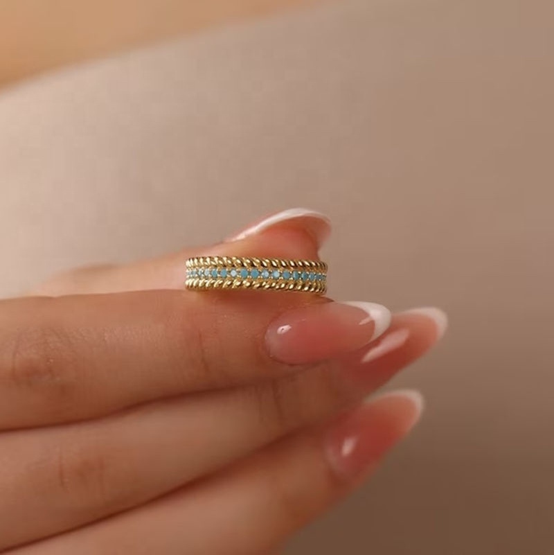 Dainty Turquoise Ring Waterproof Gold Plated Stainless Steel Beaded Pave CZ Diamond Eternity Band Ring Mexican Engagement Rings