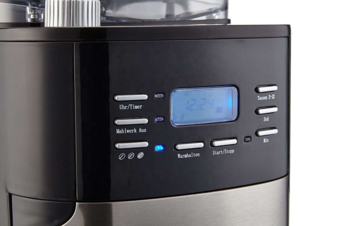 1.5L LCD Display Coffee Maker Programmable Coffee Machine with Glass Carafe and Bean Hopper Black Water Level Indicator