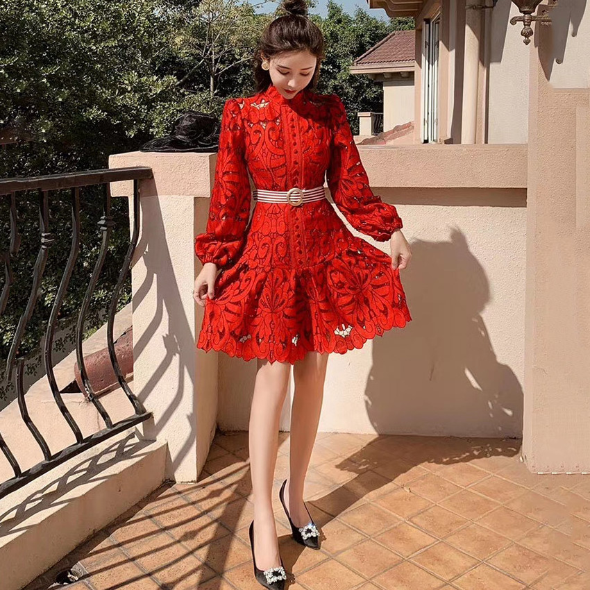 JF Classy Dress OEM Church Dresses Sleeve Open Lace Pleated Hook A-Line Skirt Commute High Collar Decor Wholesale Casual Dresses