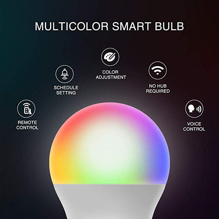 Multicolor Smart Wifi Light Bulbs Smart Light Bulb RGB E26 A19 60W Equivalent Dimmable LED Lighting and Circuitry Design ROHS Ce