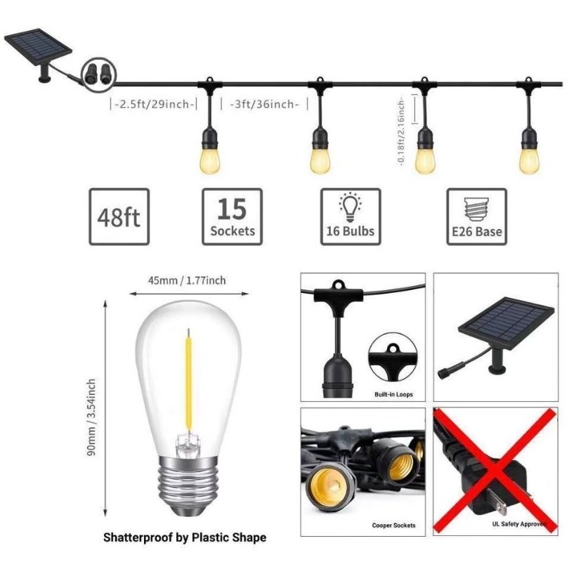 Fast Delivery LED Solar Powered Lights String Outdoor 48FT 15 Waterproof Bulbs