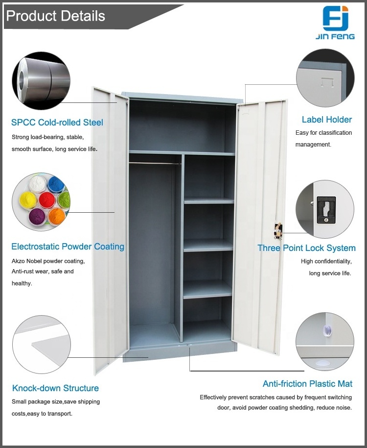 Cheap Grey Color Two Doors Steel Clothes Wardrobe Steel Wardrobe Price