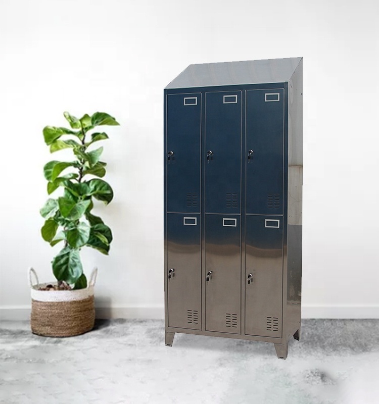 China Stainless Steel Storage Cabinet With Slope Top And Legs 6 Doors Clothes Locker