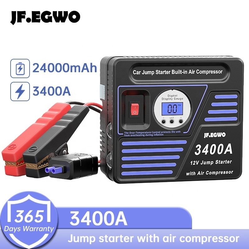 Portable 6 In 1 Car Battery Pack Booster Charger Power Bank Built Air Compressor Output Car Jump Starter 3400A Emergency Kit