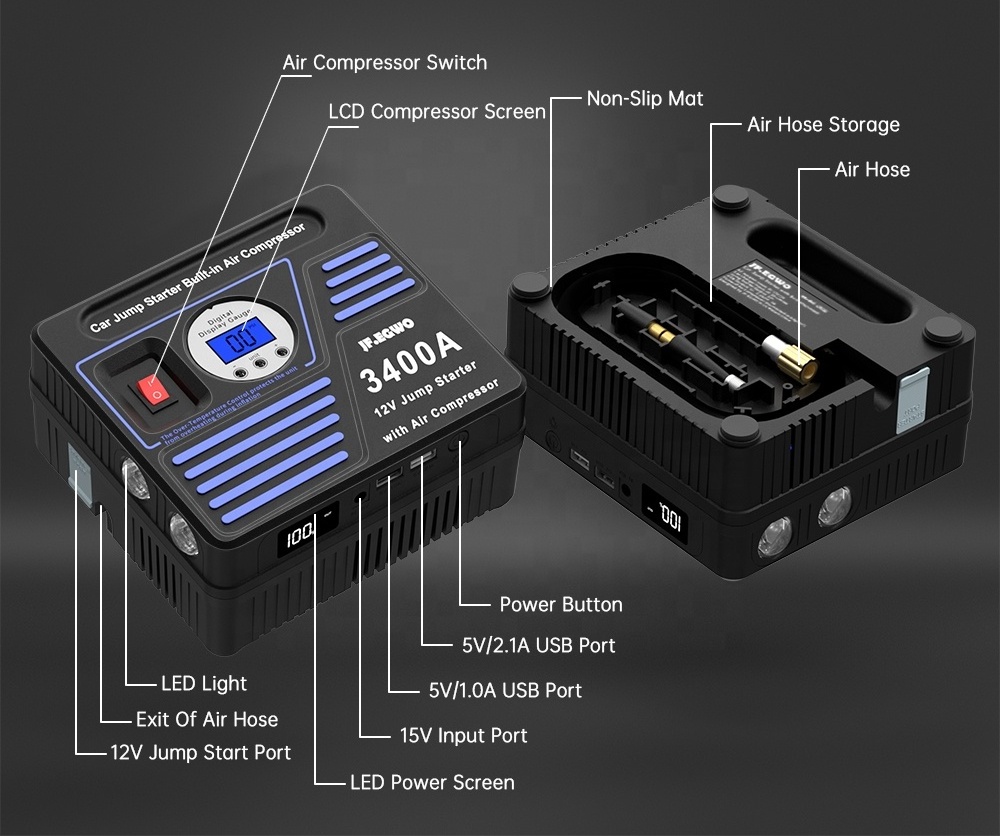 Portable 6 In 1 Car Battery Pack Booster Charger Power Bank Built Air Compressor Output Car Jump Starter 3400A Emergency Kit