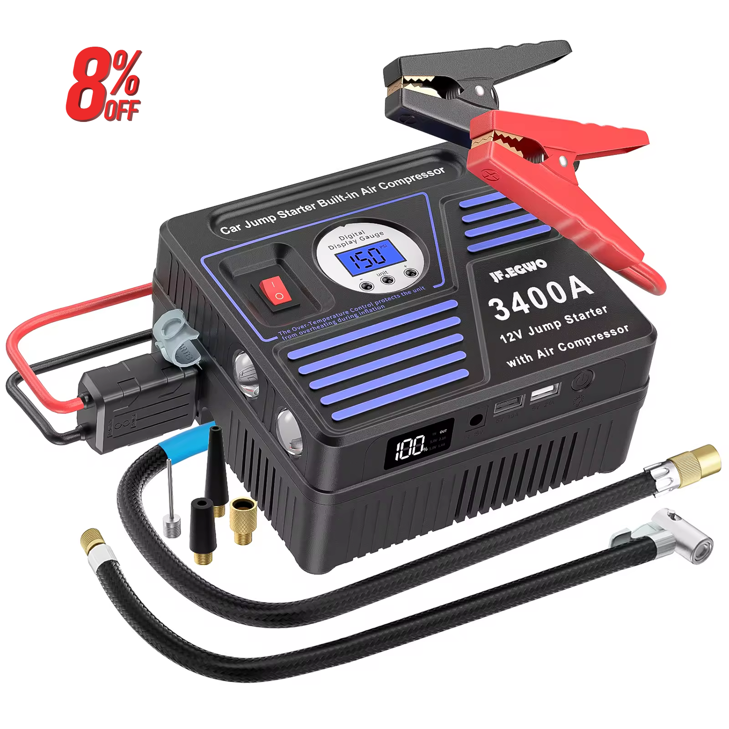 Portable 6 In 1 Car Battery Pack Booster Charger Power Bank Built Air Compressor Output Car Jump Starter 3400A Emergency Kit