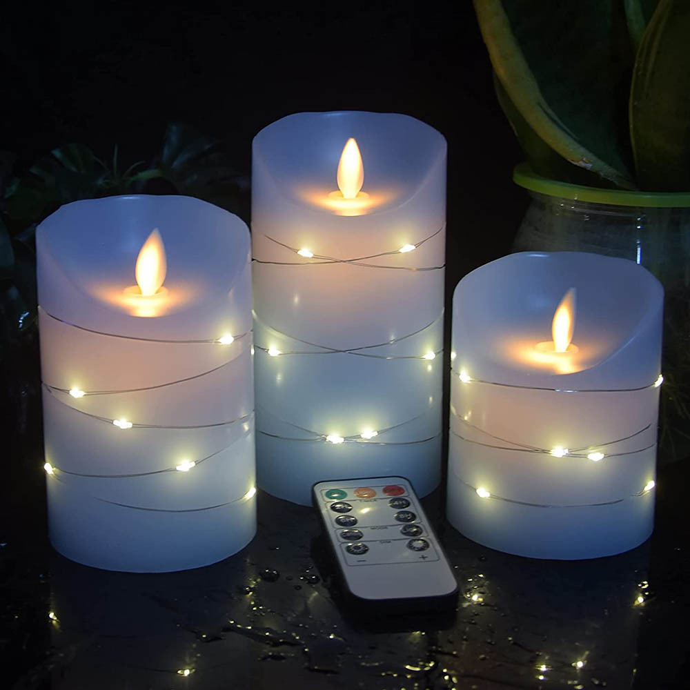 Flameless blue LDE light Candle with Embedded String Lights set of 3 with remote control Battery powered home decoration