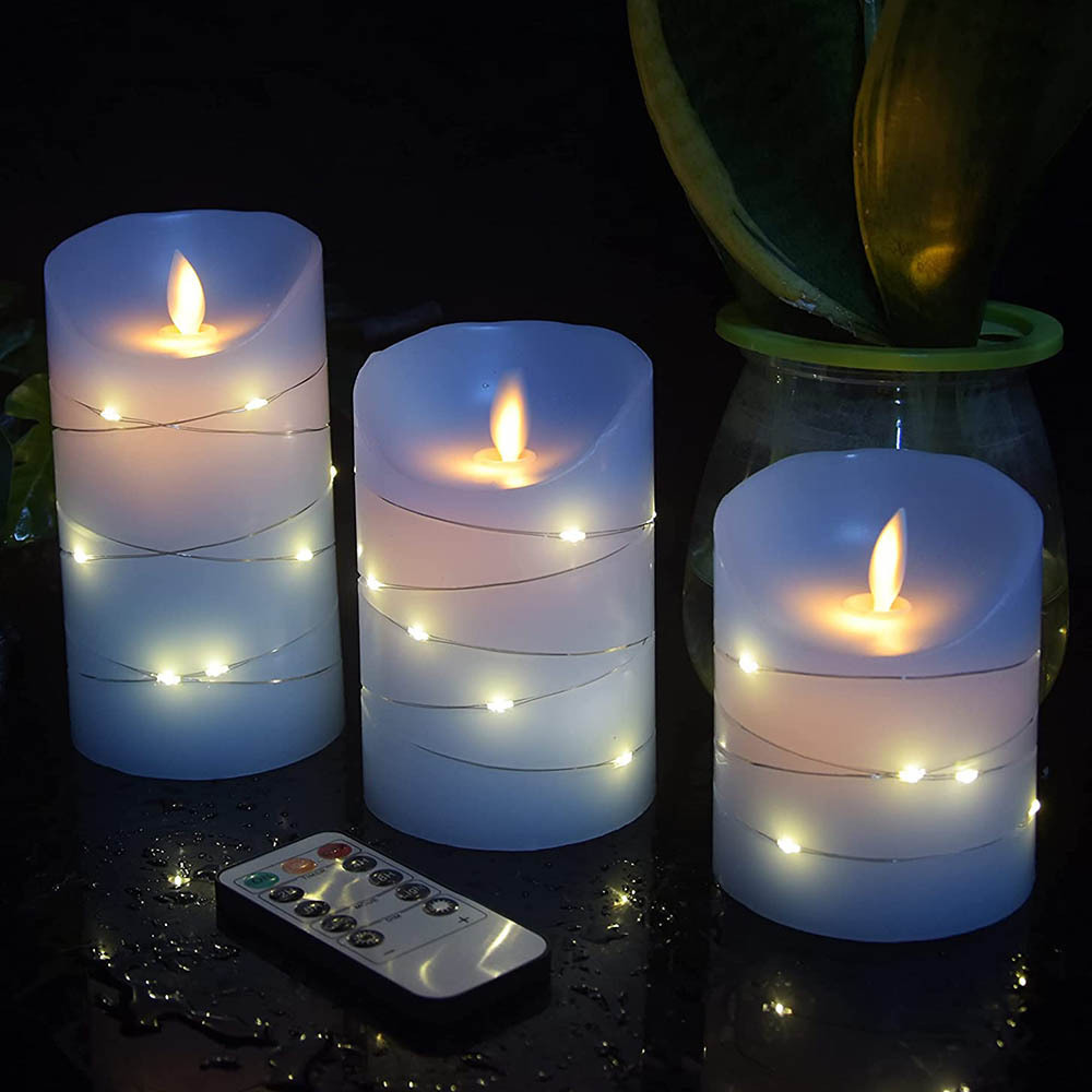 Flameless blue LDE light Candle with Embedded String Lights set of 3 with remote control Battery powered home decoration