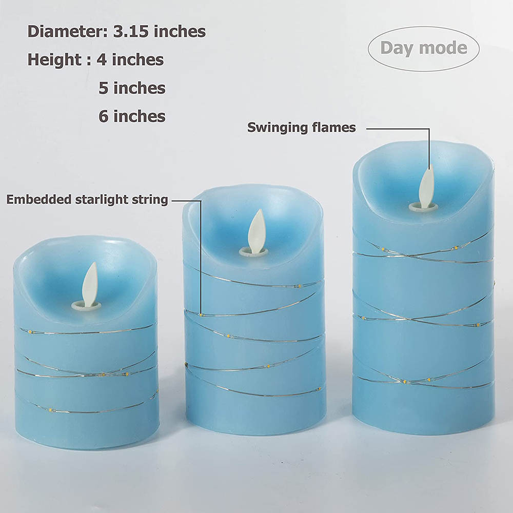 Flameless blue LDE light Candle with Embedded String Lights set of 3 with remote control Battery powered home decoration