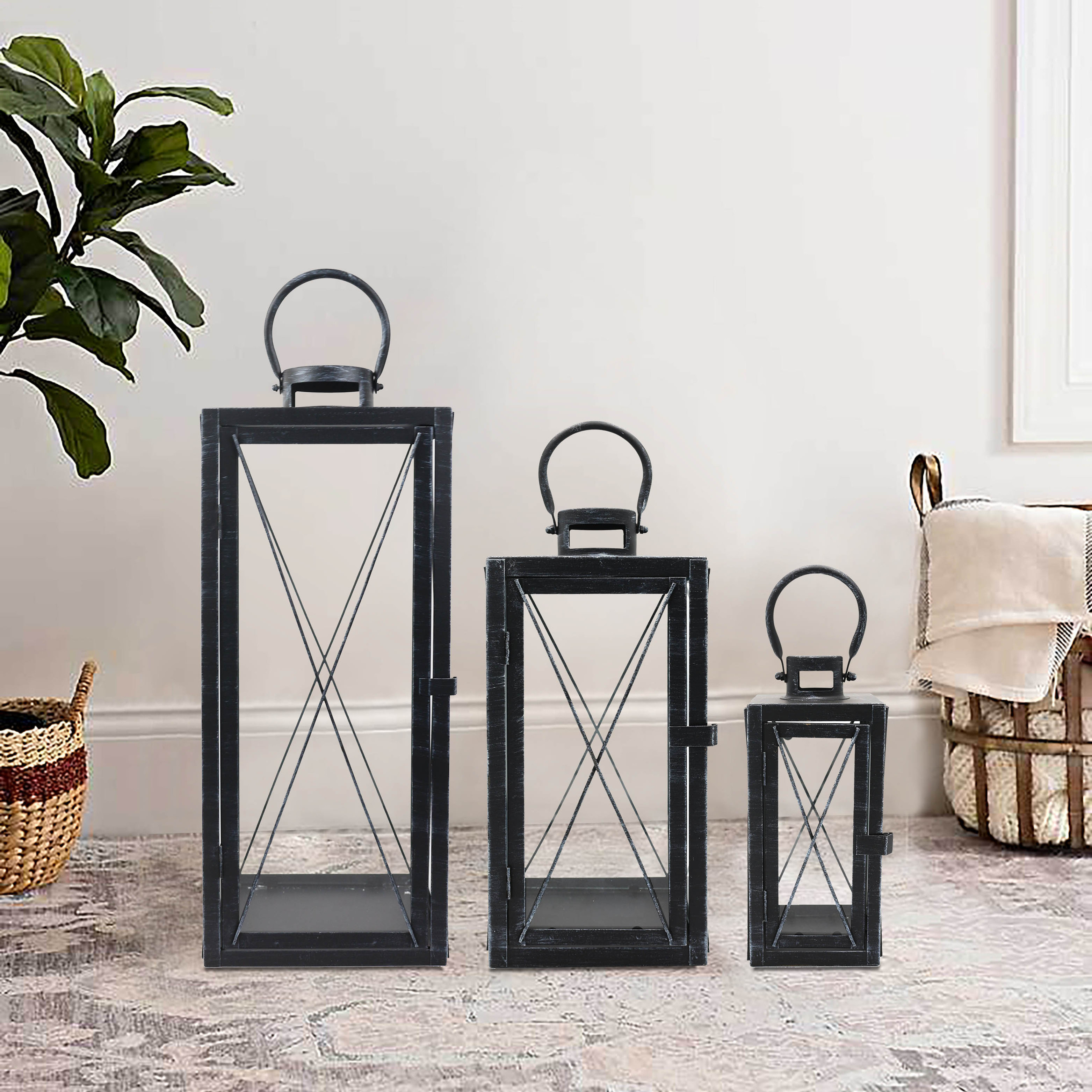 Metal Lanterns Retro Iron Candle Holders Cross Design Clear Glass Wind Lanterns Garden Decorations Simple Black Set of 3