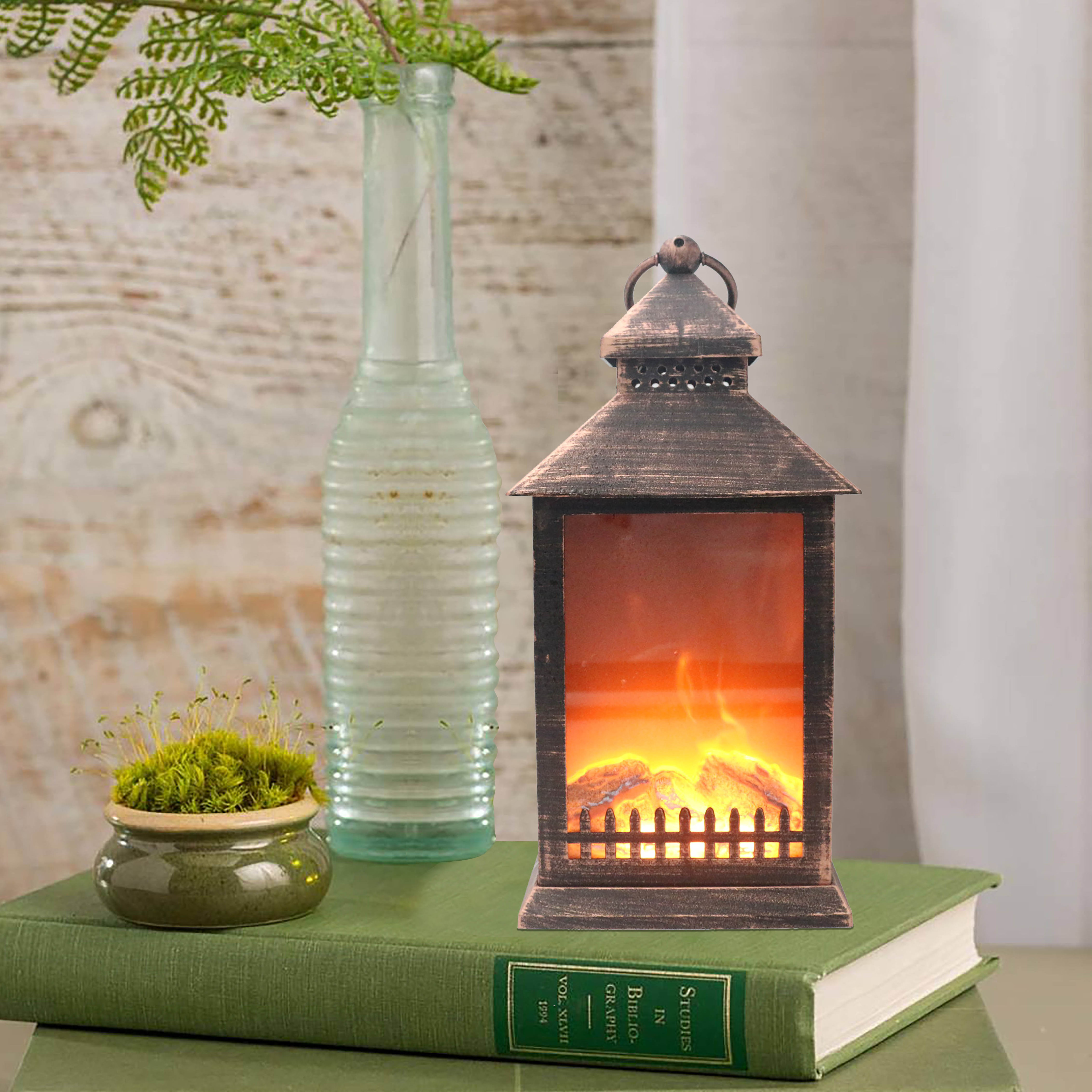 JHD0200309 Plastic Housing Led Fireplace Lantern Decorative with Jumping Flame Effect Powered by Batteries and USB