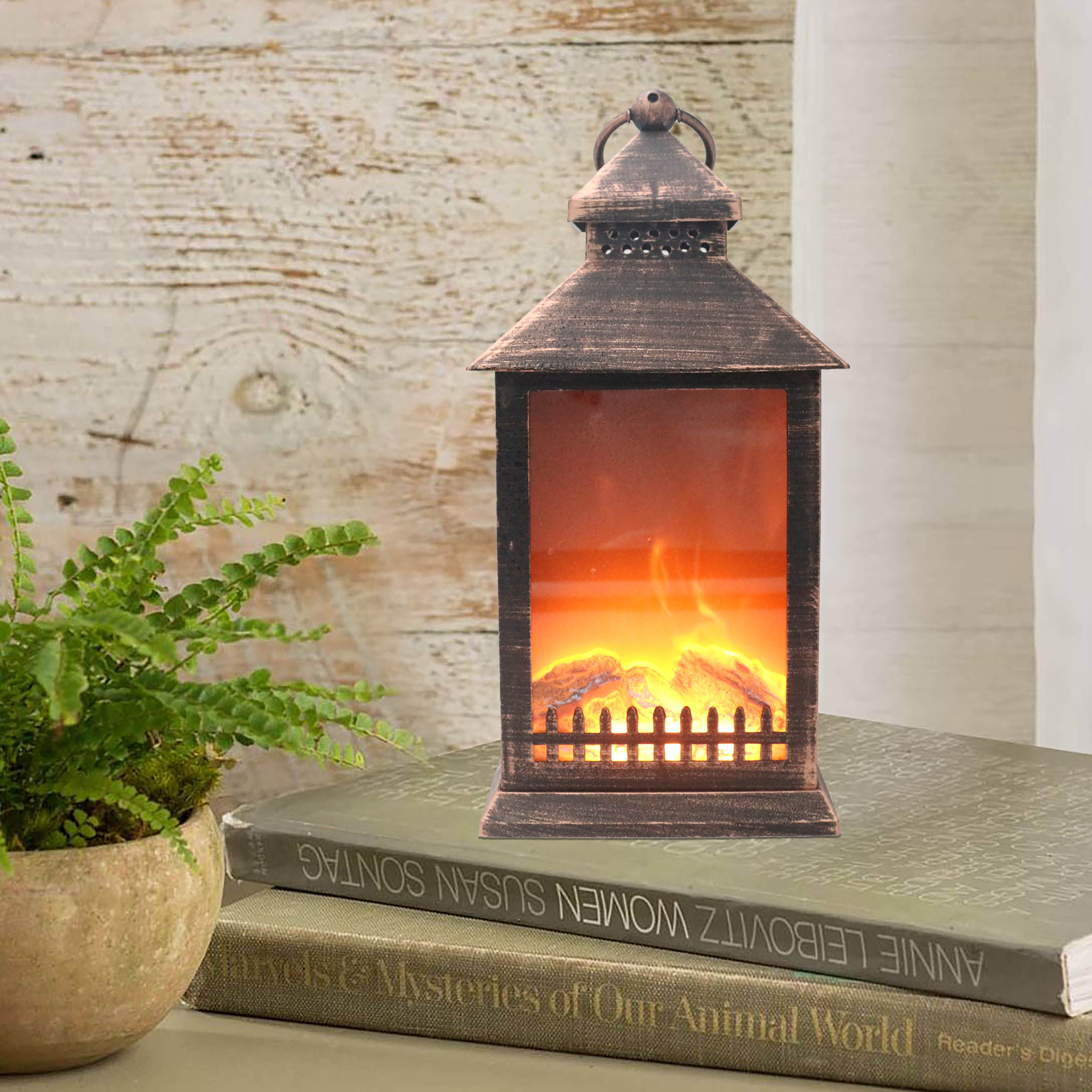 JHD0200309 Plastic Housing Led Fireplace Lantern Decorative with Jumping Flame Effect Powered by Batteries and USB