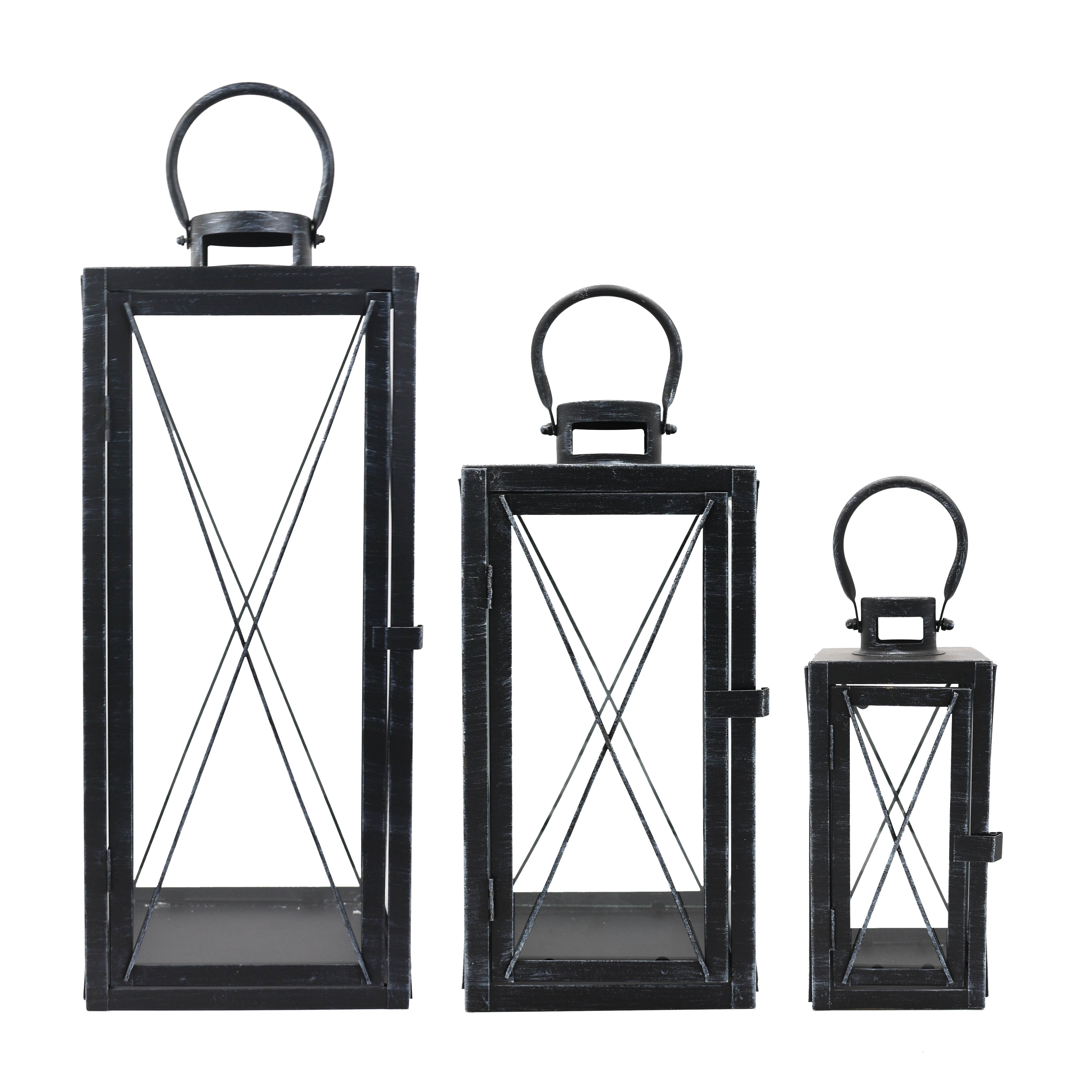 Metal Lanterns Retro Iron Candle Holders Cross Design Clear Glass Wind Lanterns Garden Decorations Simple Black Set of 3