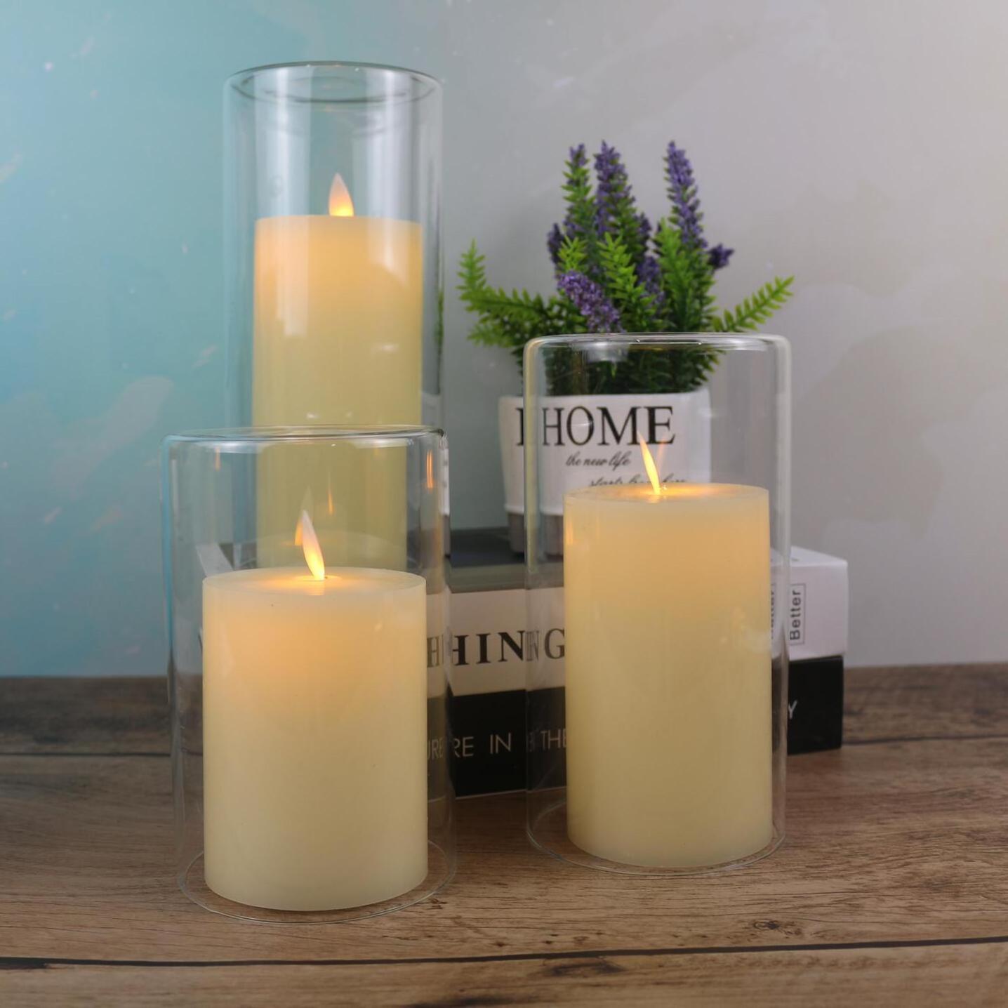 Clear Glass Pillar Flameless Battery Operated Led Candle Set Paraffin Wax Candles