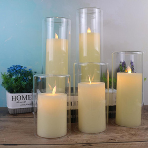 Clear Glass Pillar Flameless Battery Operated Led Candle Set Paraffin Wax Candles