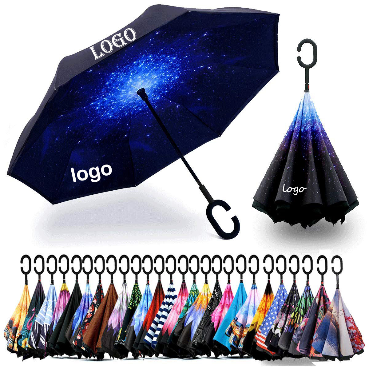 Custom Logo New Inverse Car Umbrella Printed  Double Layer Inside Out C Shape Handle Design Inverted Folding Reverse Umbrella