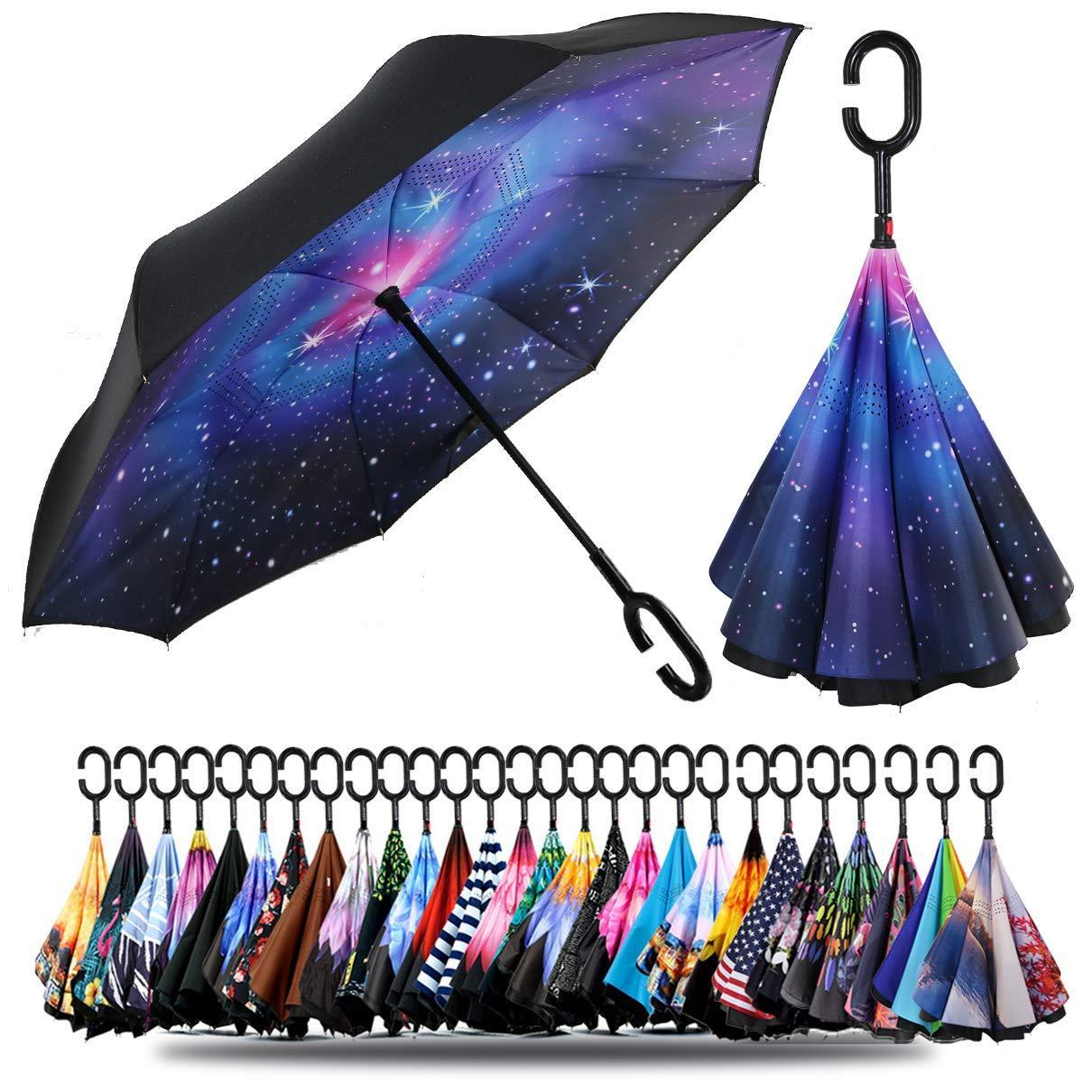 Custom Logo New Inverse Car Umbrella Printed  Double Layer Inside Out C Shape Handle Design Inverted Folding Reverse Umbrella